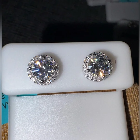 Solid Sterling Silver 1.42 Carat VVSD Halo Moissanite Screw Back Earrings - Picture 1 of 6